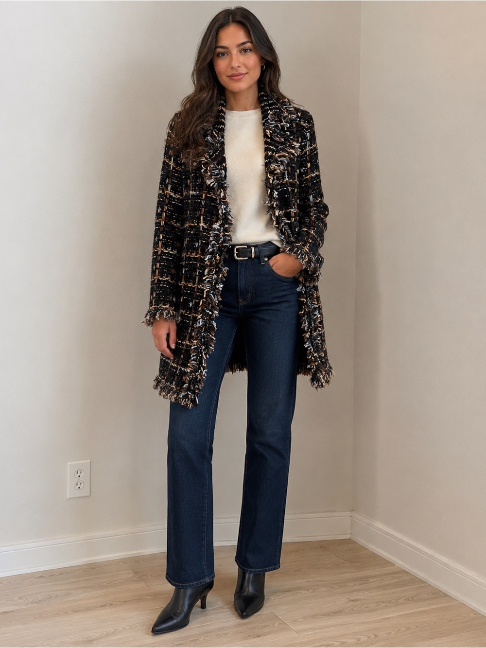 English Factory Black and Tan Tweed Fringe Coat Boho M